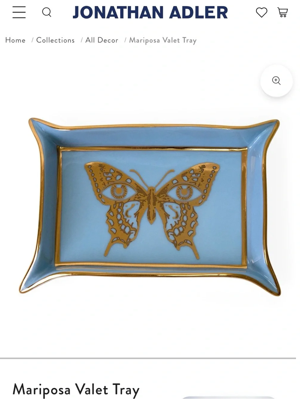 Jonathan Adler Blue and Gold Mariposa Trinket/Valet Tray